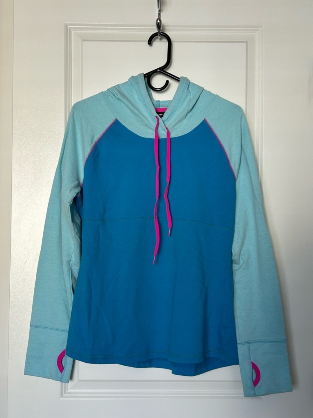 Women's Two-Tone Teal & Aqua Hooded Pullover with Pink Accents